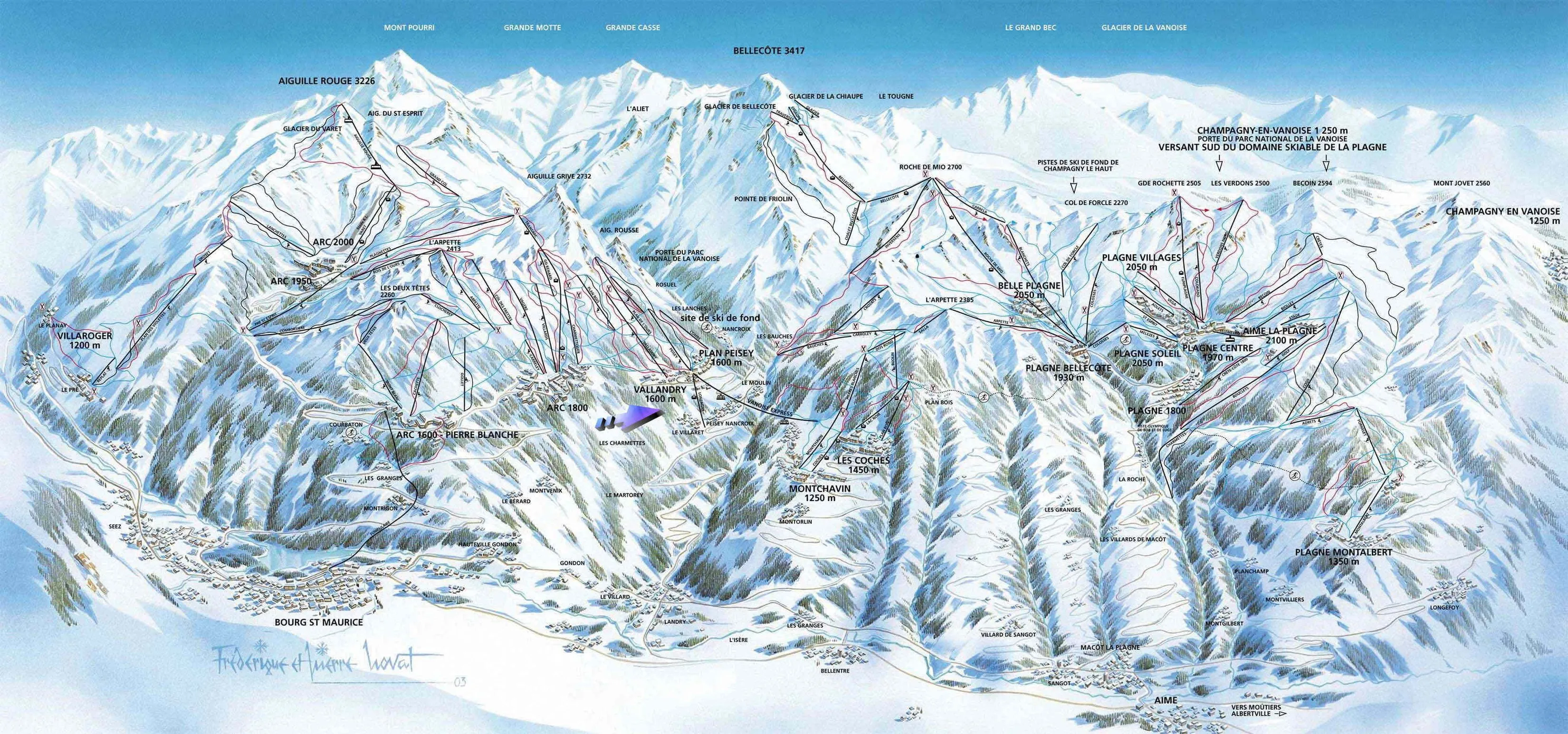 Mapa ski oblasti — Paradiski — Les Arcs 1800